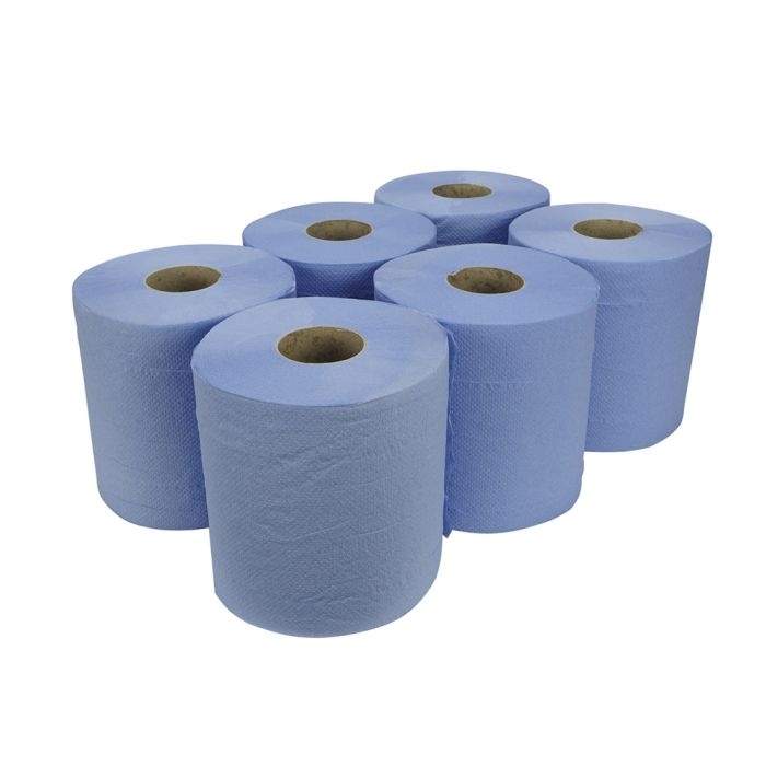 Essentials 3ply Blue Embossed Centre Feed Rolls - Case of 6