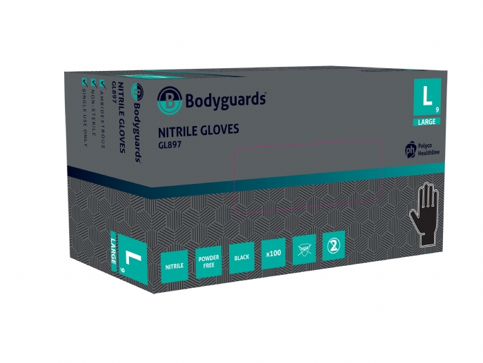 GL897 Bodyguards Black Nitrile Powder Free Exam Gloves 