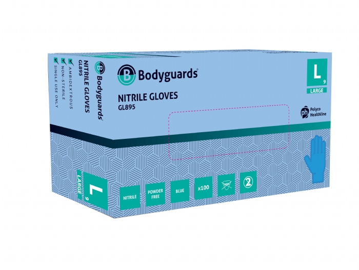 GL895 Bodyguards 4 Blue Nitrile Powder Free Disposable Gloves