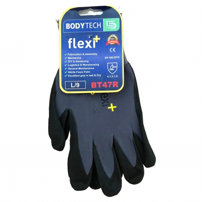 Bodytech Flexi Plus Nitrile Foam Glove, Black/Grey