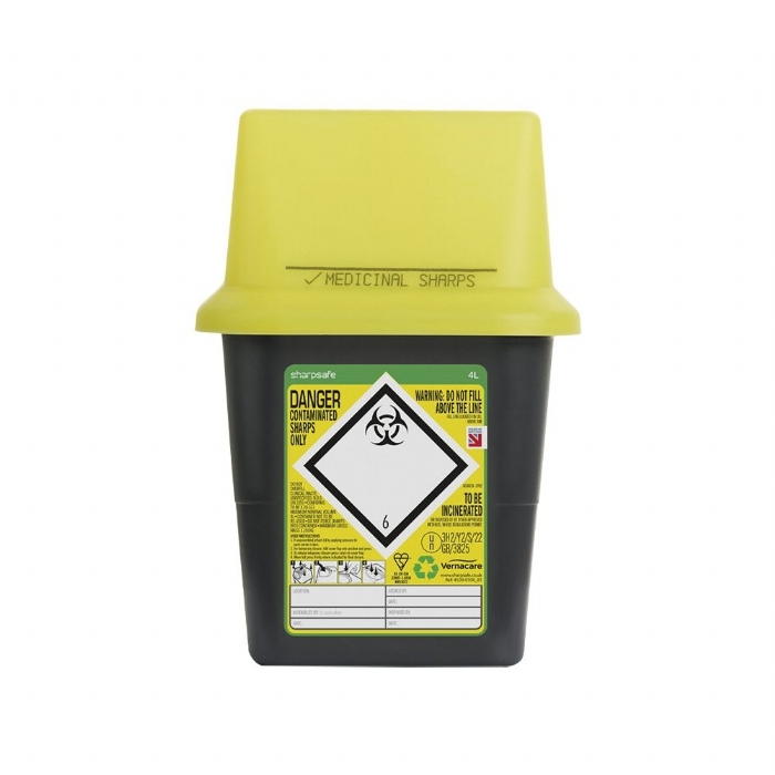 Sharpsafe Rectangular Sharps Bin Yellow Lid 4L