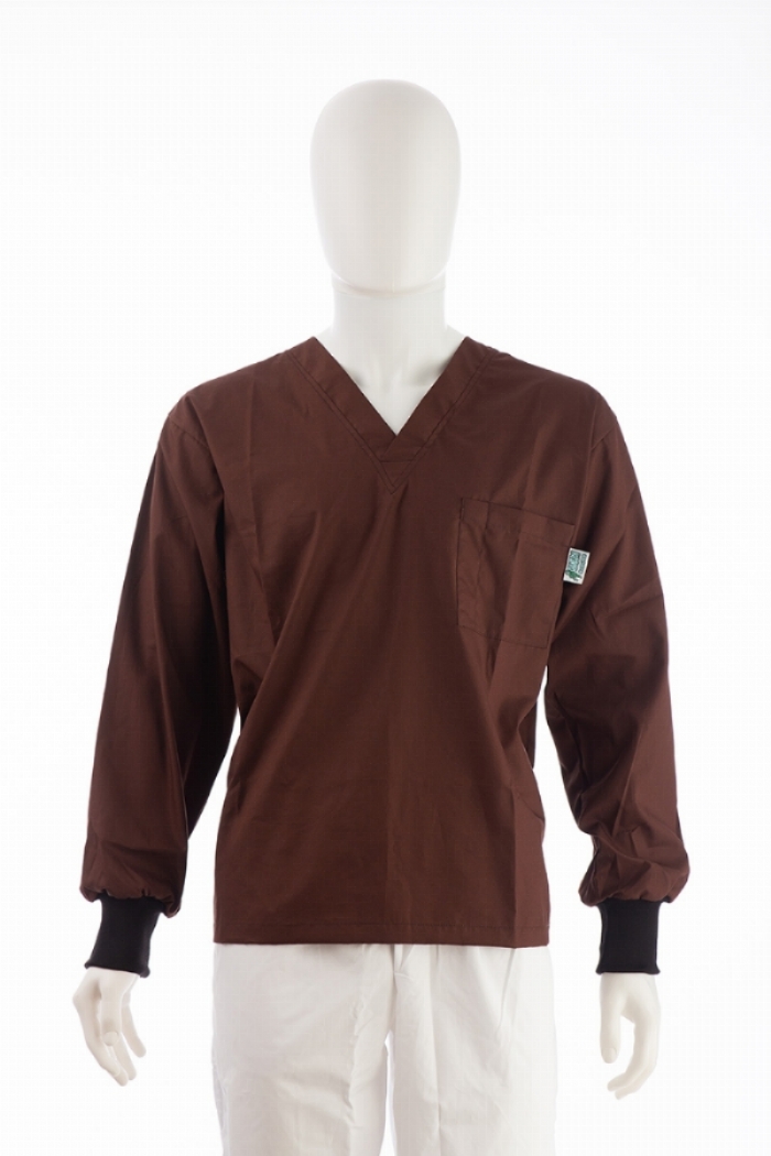 Brown Long Sleeve Scrub Top Elastic Cuff 100% Cotton