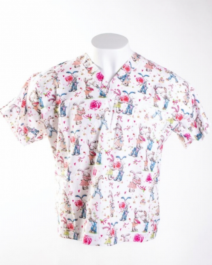  Loved Up Rabbits Short Sleeve Scrub Top 100% Cotton
