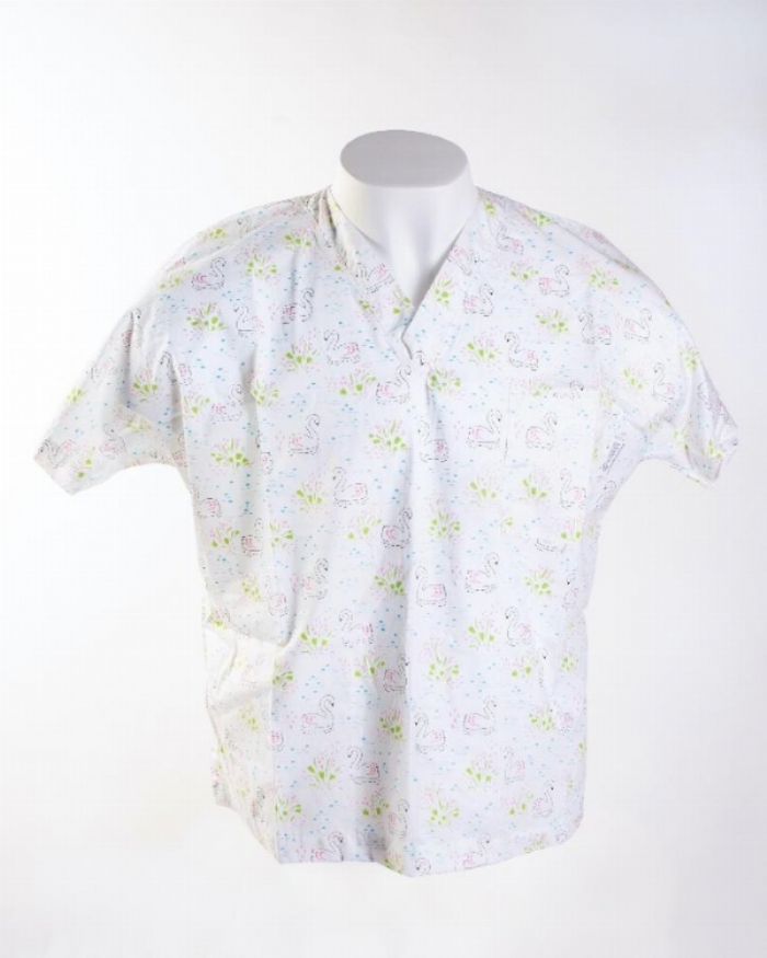 White Majestic Swan Short Sleeve Scrub Top 100% Cotton