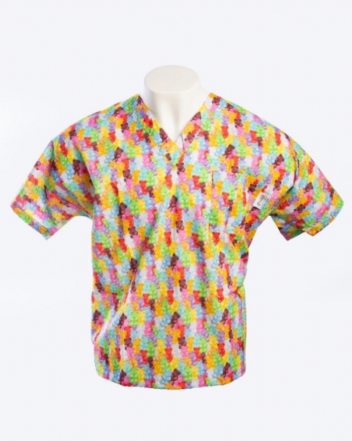 Multicoloured Gummy Bears Short Sleeve Scrub Top 100% Cotton