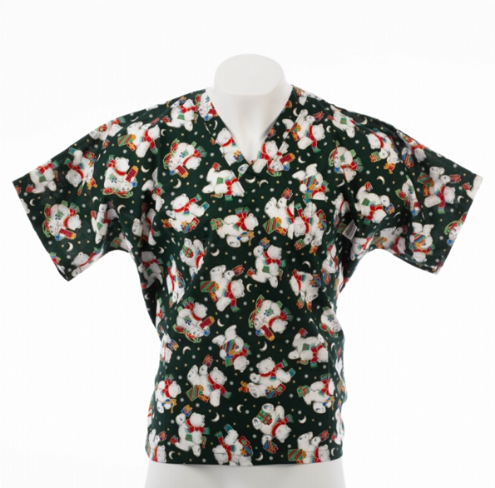 Bottle Green Christmas Bear Short Sleeve Scrub Top 100% Cotton