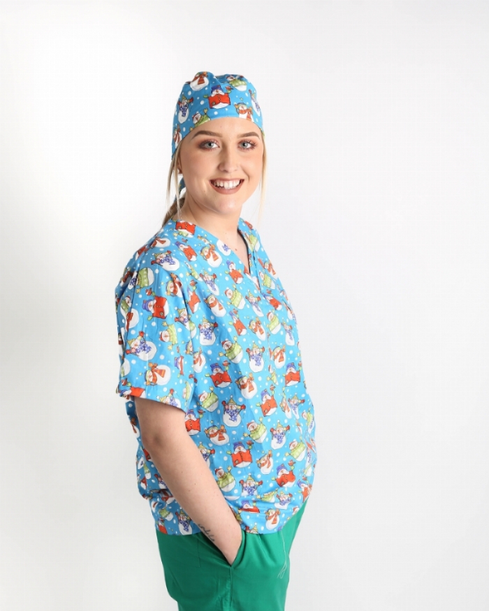Christmas Snowman Short Sleeve Scrub Top 100% Cotton