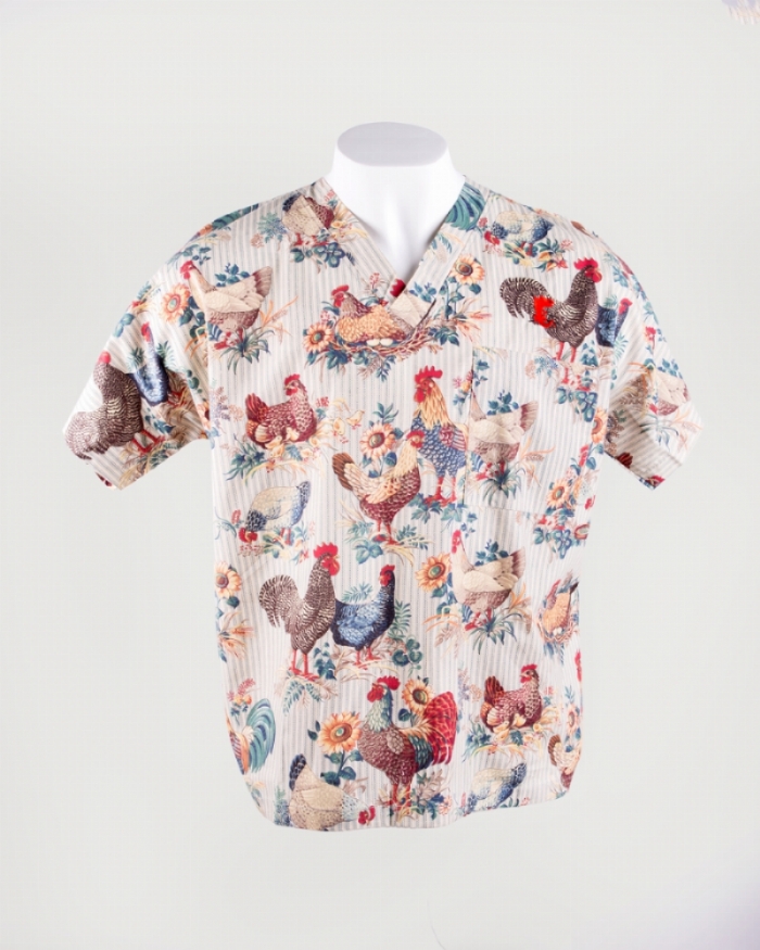 Chickens & Sunflowers Short Sleeve Scrub Top 100% Cotton