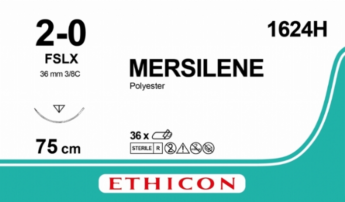 Ethicon MERSILENE Polyester Braided Non-Absorbable Surgical Suture – USP 2-0 – 75 cm – Green – FSLX Reverse Cutting Needle 36 mm – 3/8 Circle – 1624H (Box of 36)