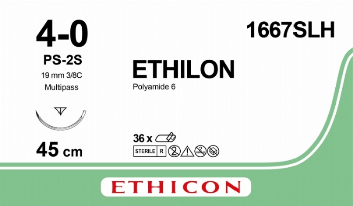 Ethicon ETHILON™ Black Monofilament Non-Absorbable Surgical Suture – USP 4-0 – 18 in (45 cm) – Black – PS-2S Prime Reverse Cutting Needle 19 mm – 3/8 Circle – 1667SLH (Box of 36)