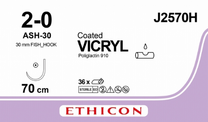 Ethicon VICRYL PLUS Polyglactin 910 Braided Absorbable Antibacterial Surgical Suture – USP 0 – 70 cm – Violet – Single-Armed Taper Point Needle 36 mm, Fish Hook – J2570H (Box of 36)
