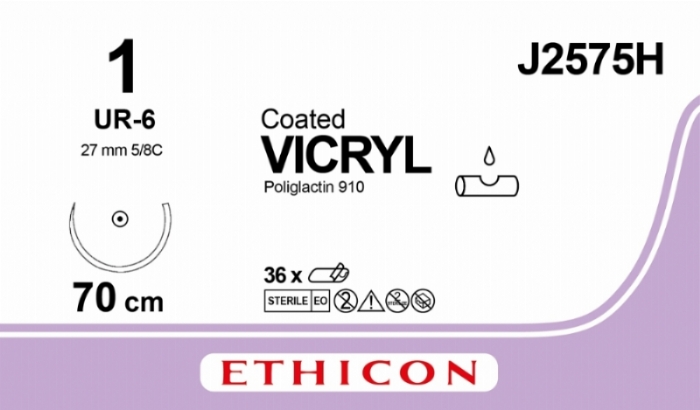 Ethicon VICRYL PLUS Polyglactin 910 Braided Absorbable Antibacterial Surgical Suture – USP 0 – 70 cm – Violet – Single-Armed Taper Point Needle 26 mm, 5/8 Circle – J2575H (Box of 36)