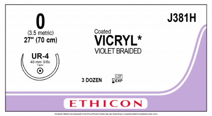 Ethicon VICRYL PLUS Polyglactin 910 Braided Absorbable Antibacterial Surgical Suture – USP 0 – 70 cm – Violet – Single-Armed Taper Point Needle 36 mm, 5/8 Circle – J381H (Box of 36)