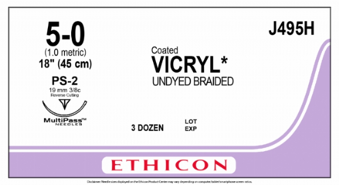 Ethicon COATED VICRYL Polyglactin 910 Braided Absorbable Surgical Suture – USP 5-0 – 45 cm – Undyed – Single-Armed Taper Point PS-2 Prime MP Needle 19 mm, 3/8 Circle – J495H (Box of 36)