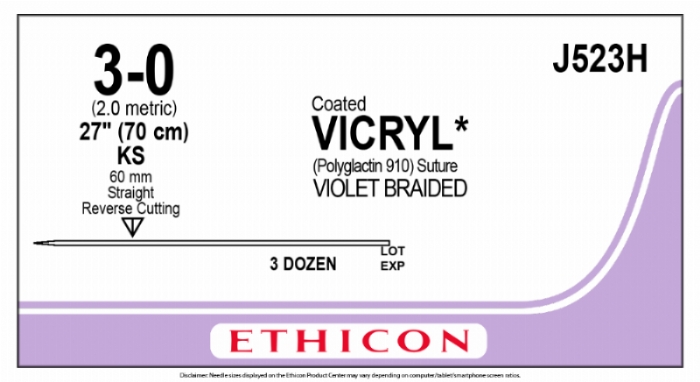 Ethicon VICRYL Coated Polyglactin 910 Braided Absorbable Surgical Suture – USP 3-0 – 70 cm (27 in) – Violet – Single-Armed KS (Keith Straight) Needle – J523H (Box of 36)