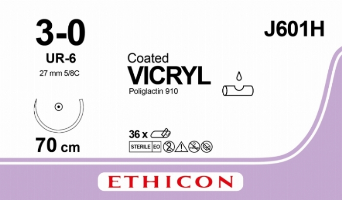 Ethicon VICRYL PLUS Polyglactin 910 Braided Absorbable Antibacterial Surgical Suture – USP 2-0 – 70 cm – Violet – Single-Armed Taper Point Needle 26 mm, 5/8 Circle – J601H (Box of 36)