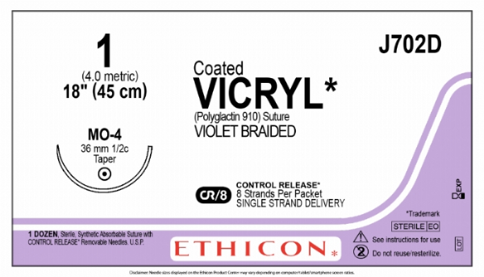 Ethicon COATED VICRYL Polyglactin 910 Braided Absorbable Surgical Suture – USP 1 – 8 x 45 cm – Violet – Single-Armed Taper Point MO-4 CONTROL RELEASE Needle 37 mm, 1/2 Circle – J702D (Box of 12)