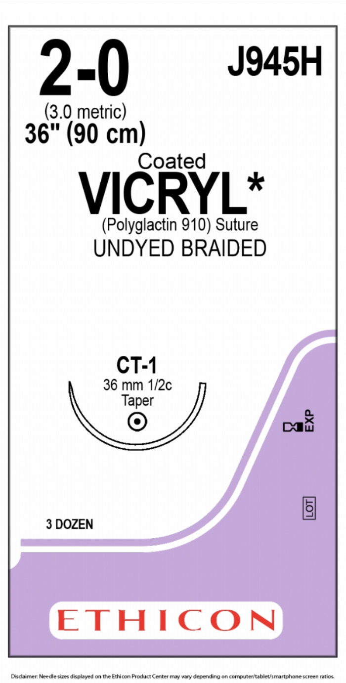 Ethicon COATED VICRYL Polyglactin 910 Braided Absorbable Surgical Suture – USP 2-0 – 90 cm – Undyed – Single-Armed Taper Point CT-1 Needle 36 mm, 1/2 Circle – J945H (Box of 36)