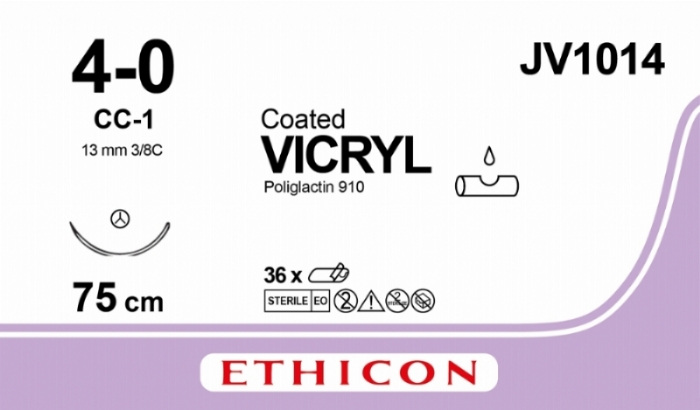 Ethicon VICRYL Polyglactin 910 Braided Absorbable Surgical Suture – USP 4-0 – 75 cm – Violet – Single-Armed Conventional Cutting CC-1 Needle 13 mm, 3/8 Circle – JV1014 (Box of 36)