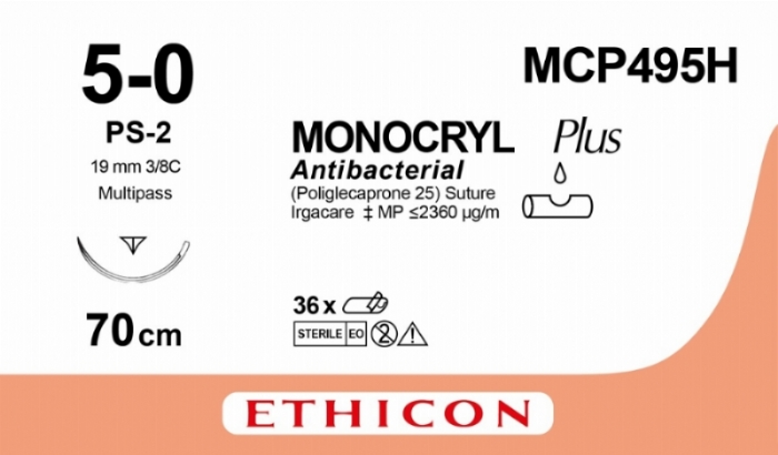 Ethicon MONOCRYL PLUS Poliglecaprone 25 Absorbable Monofilament Surgical Suture – USP 5-0 – 70 cm – Undyed – Single-Armed Reverse Cutting Prime Needle 19 mm – 3/8 Circle – MCP495H / MPY495H (Box of 36)