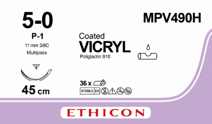 Ethicon VICRYL PLUS Polyglactin 910 Braided Absorbable Antibacterial Surgical Suture – USP 5-0 – 45 cm – Undyed – Single-Armed Reverse Cutting Prime Needle 13 mm, 3/8 Circle – MPV490H (Box of 36)