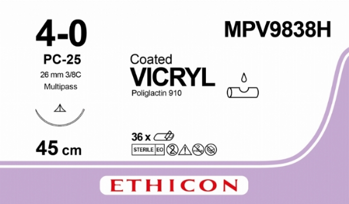 Ethicon VICRYL PLUS Polyglactin 910 Braided Absorbable Antibacterial Surgical Suture – USP 4-0 – 45 cm – Undyed – Single-Armed Conventional Cutting PC Needle 16 mm, 3/8 Circle – MPV9838H (Box of 36)