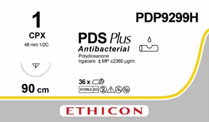 Ethicon PDS® Plus Antibacterial (Polydioxanone) Violet Absorbable Veterinary Suture – USP 1 – 90 cm – CPX Reverse Cutting Needle (48 mm) – PDP9299H (Box of 36)
