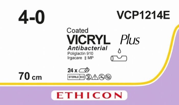 Ethicon VICRYL PLUS Polyglactin 910 Braided Absorbable Antibacterial Surgical Suture – USP 4-0 – 70 cm – Violet – Unarmed (No Needle) – VCP1214E (Box of 24)