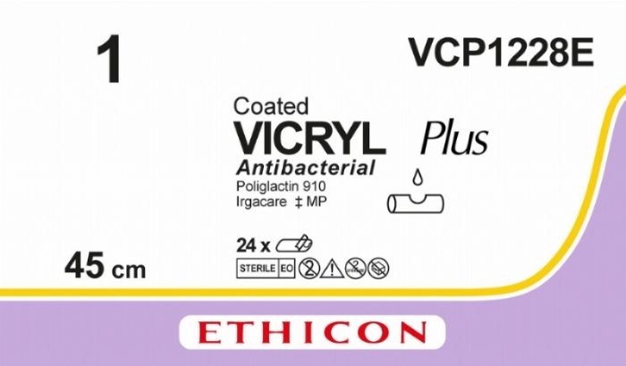 Ethicon VICRYL PLUS Polyglactin 910 Braided Absorbable Antibacterial Surgical Suture – USP 1 – 45 cm – Violet – Unarmed (No Needle) – VCP1228E (Box of 24)