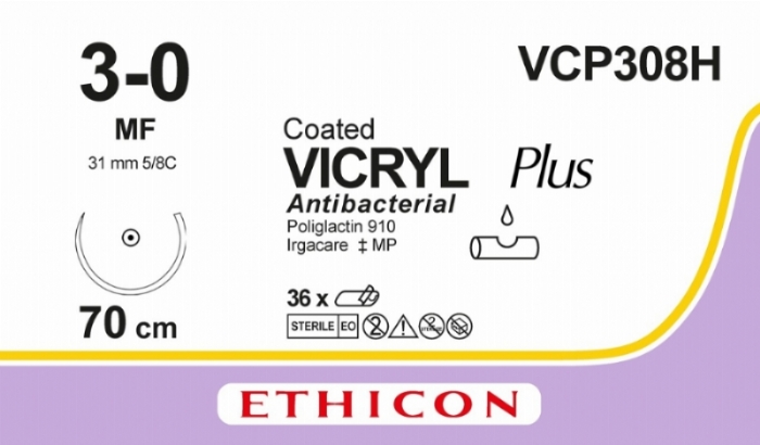 Ethicon VICRYL PLUS Polyglactin 910 Braided Absorbable Antibacterial Surgical Suture – USP 3-0 – 27 in (70 cm) – Undyed – Single-Armed MF Needle – VCP308H (Box of 36)