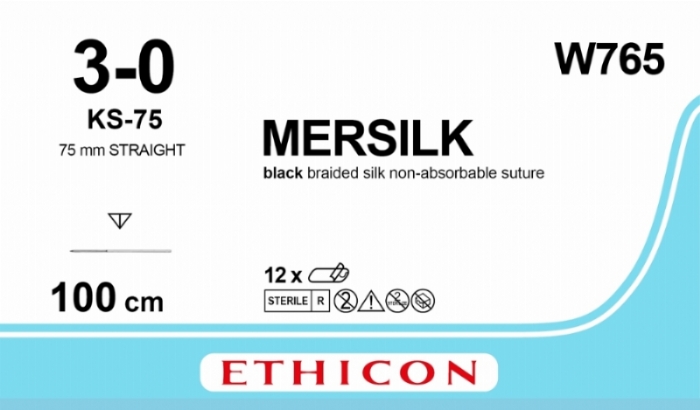 Ethicon MERSILK® Silk Black Braided Non-Absorbable Surgical Suture – USP 3-0 (Metric 2) – 100 cm (40 inch) – KS-75 Cutting Needle – W765 (Box of 12)