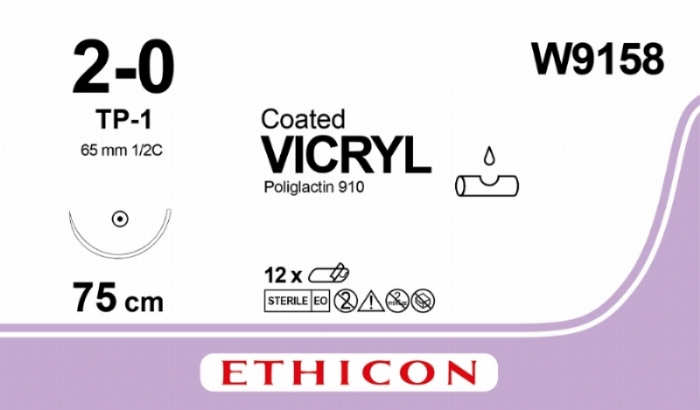 Ethicon VICRYL PLUS Polyglactin 910 Braided Absorbable Antibacterial Surgical Suture – USP 2-0 – 70 cm – Violet – Single-Armed Taper Point Needle 70 mm, 1/2 Circle – W9158 (Box of 12)