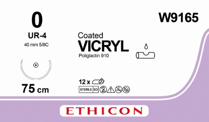 Ethicon VICRYL Polyglactin 910 Braided Absorbable Surgical Suture – USP 0 – 75 cm – Violet – Single-Armed Taper Point UR-4 Needle 36 mm, 1/2 Circle – W9165 (Box of 12)