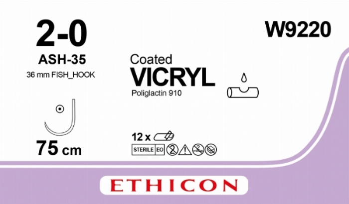 Ethicon VICRYL PLUS Polyglactin 910 Braided Absorbable Antibacterial Surgical Suture – USP 0 – 70 cm – Violet – Single-Armed Taper Point Needle 36 mm, Fish Hook – W9220 (Box of 36)