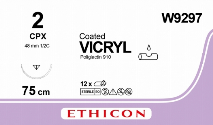 Ethicon VICRYL Polyglactin 910 Braided Absorbable Surgical Suture – USP 2 – 75 cm – Violet – Single-Armed Taper Point CPX Needle 48 mm, 1/2 Circle – W9297 (Box of 12)