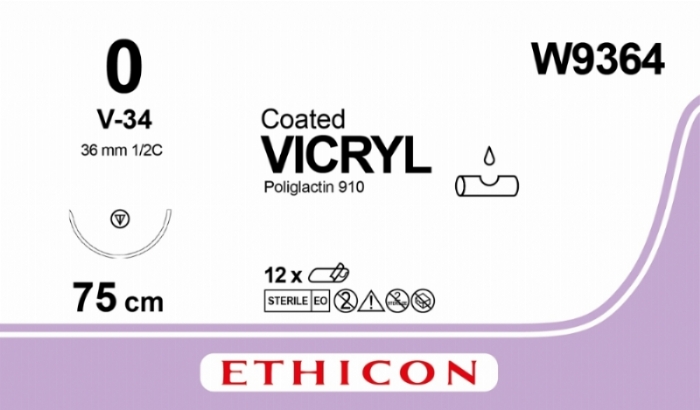 Ethicon VICRYL Polyglactin 910 Braided Absorbable Surgical Suture – USP 0 – 75 cm – Violet – Single-Armed Taper Point V-34 Needle 36 mm, 1/2 Circle – W9364 (Box of 12)
