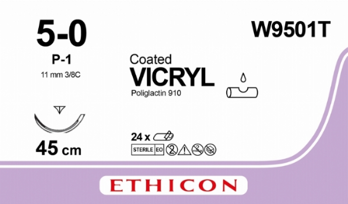 Ethicon VICRYL PLUS Polyglactin 910 Braided Absorbable Antibacterial Surgical Suture – USP 5-0 – 45 cm – Undyed – Single-Armed Reverse Cutting Prime Needle 13 mm, 3/8 Circle – W9501T (Box of 36)