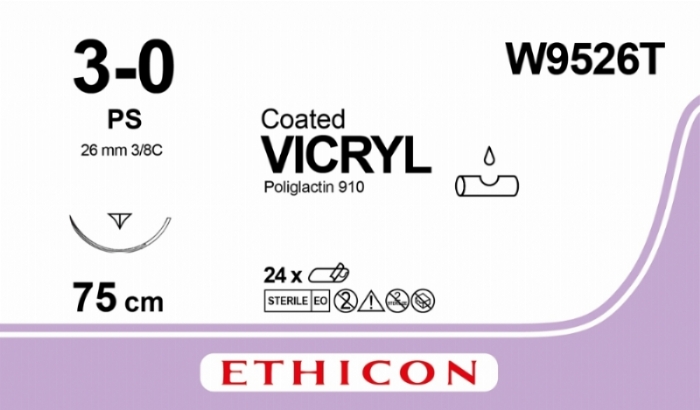Ethicon VICRYL PLUS Polyglactin 910 Braided Absorbable Antibacterial Surgical Suture – USP 3-0 – 70 cm – Undyed – Single-Armed Conventional Cutting PC Needle 26 mm, 3/8 Circle – W9526T (Box of 36)