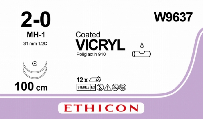 Ethicon VICRYL PLUS Polyglactin 910 Braided Absorbable Antibacterial Surgical Suture – USP 2-0 – 90 cm – Violet – Single-Armed Taper Point Plus Needle 31 mm, 1/2 Circle – W9637 (Box of 36)