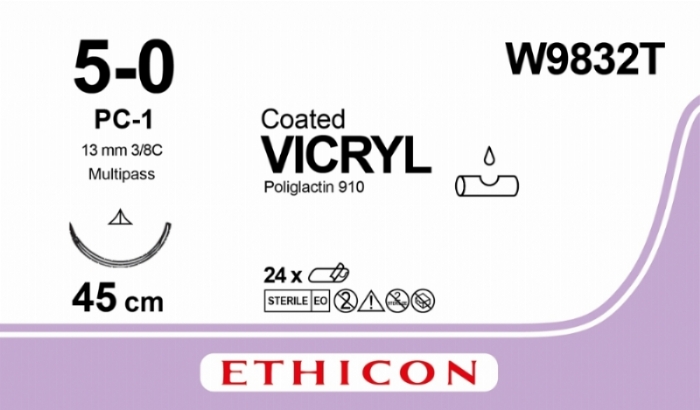Ethicon VICRYL PLUS Polyglactin 910 Braided Absorbable Antibacterial Surgical Suture – USP 5-0 – 45 cm – Undyed – Single-Armed Reverse Cutting Prime Needle 13 mm, 3/8 Circle – W9832T (Box of 36)