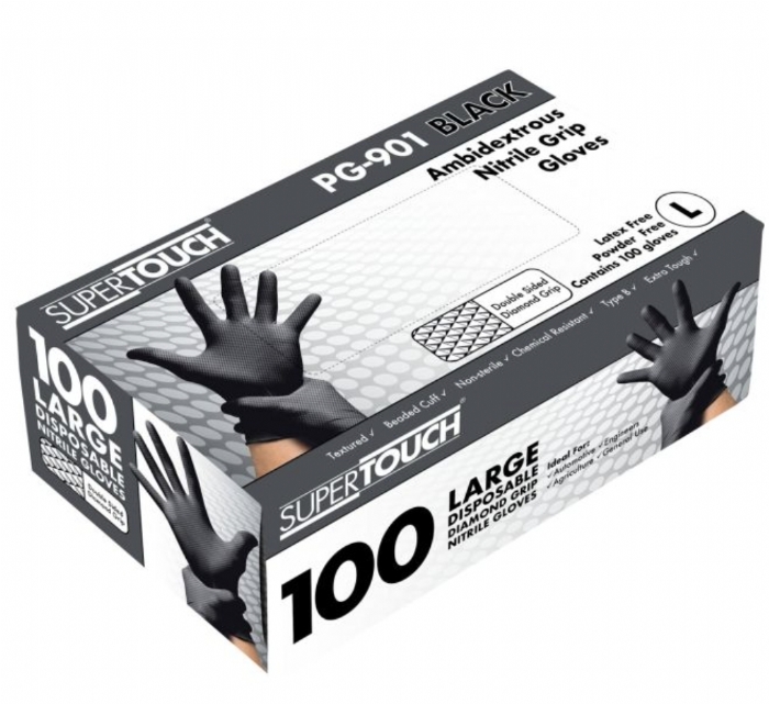 Supertouch Black Disposable Nitrile Diamond Grip Gloves