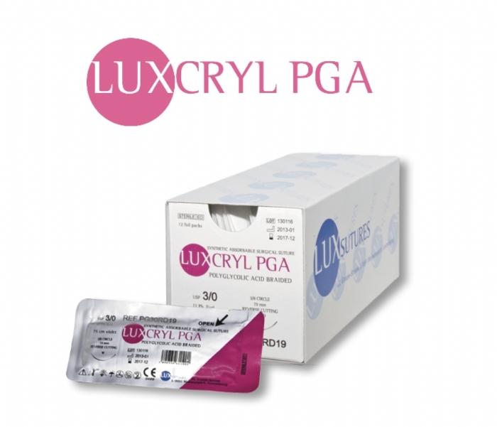 LUXCRYL PGA Polyglycolic Acid (PGA) Absorbable Braided Surgical Suture – USP 3/0 – 75 cm – Violet – DS 16 (16 mm) Reverse Cutting Needle (Box of 12)