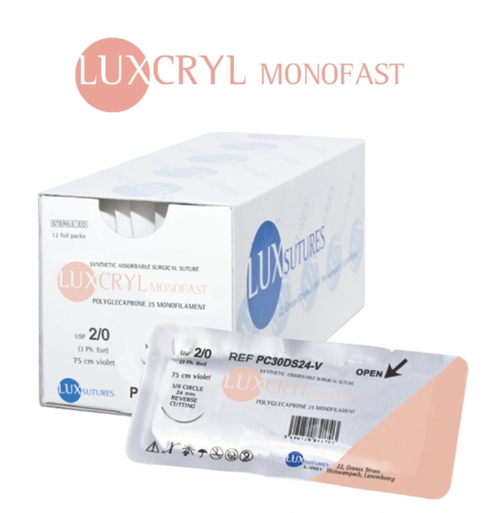 LuxSutures LUXCRYL MONOFAST Absorbable Surgical Suture – USP 0 – 75 cm – Violet – DS 30 (30 mm) Reverse Cutting Needle (Box of 12)