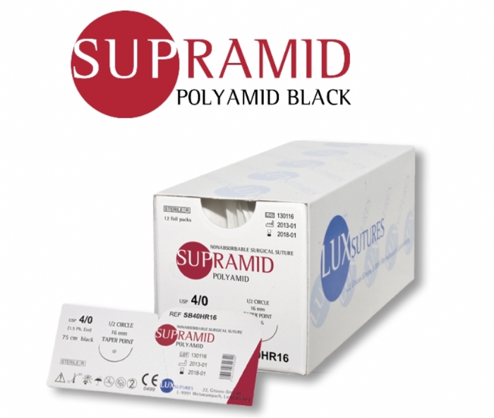LUXSUTURES® SUPRAMID® BLACK POLYAMIDE NON-ABSORBABLE MULTIFILAMENT SURGICAL SUTURE – USP 5/0 – 75 CM – HS 20 TAPERCUT NEEDLE – BLACK (BOX OF 12)