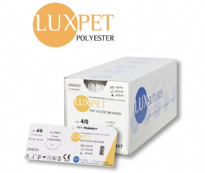 LuxSutures Luxpet® Polyester Braided Non-Absorbable Surgical Suture – USP 4/0 – 75 cm – Green – DS 16 mm 3/8 Circle Reverse Cutting Needle (Box of 12)