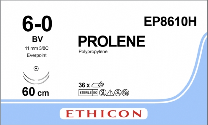 Ethicon PROLENE Polypropylene Non-Absorbable Monofilament Surgical Suture – USP 6-0 – 60 cm – BV Taperpoint Needles 11 mm – 3/8 Circle with EVERPOINT Technology – EP8610H (Box of 36)