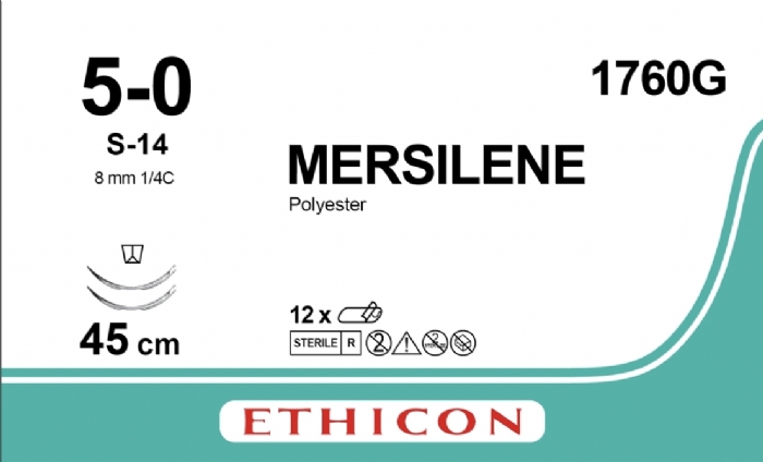 Ethicon MERSILENE Polyester Braided Non-Absorbable Surgical Suture – USP 5-0 – 45 cm – White – S-14 Reverse Spatula Needle 8 mm – 1/4 Circle – 1760G (Box of 12)