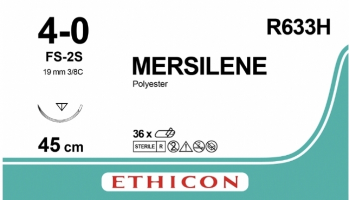 Ethicon MERSILENE Polyester Braided Non-Absorbable Surgical Suture – USP 4-0 – 45 cm – White – FS-2S Reverse Cutting Needle 19 mm – 3/8 Circle – R633H (Box of 36)