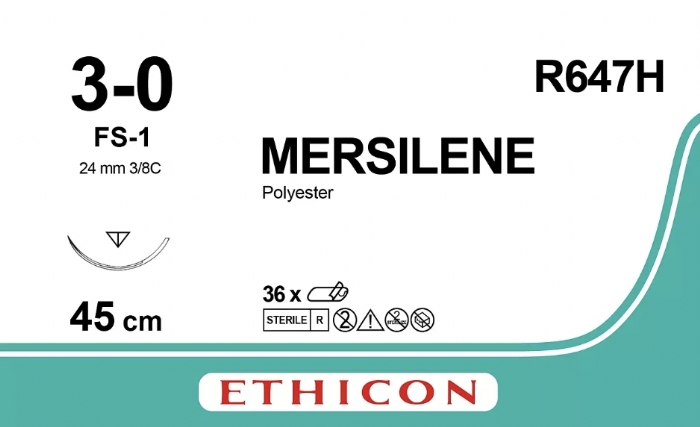 Ethicon MERSILENE Polyester Braided Non-Absorbable Surgical Suture – USP 3-0 – 45 cm – White – FS-1 Reverse Cutting Needle 24 mm – 3/8 Circle – R647H (Box of 36)