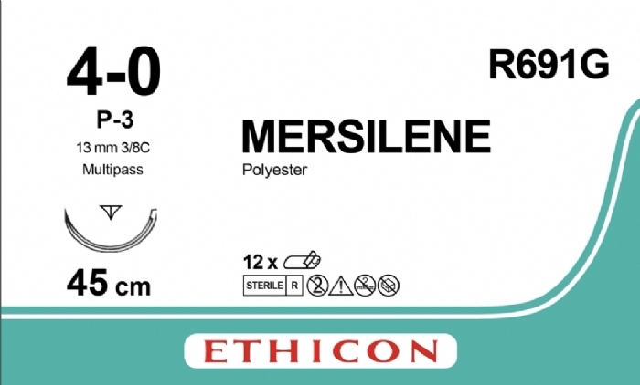 Ethicon MERSILENE Polyester Braided Non-Absorbable Surgical Suture – USP 4-0 – 45 cm – White – P-3 PRIME MP Reverse Cutting Needle 13 mm – 3/8 Circle – Multipass – R691G (Box of 12)